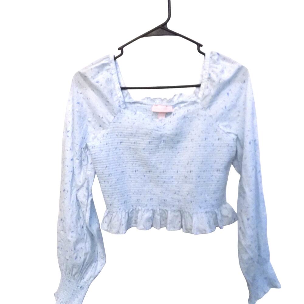 LoveShackFancy Light Blue Smocked Ruffle Long Sleeve Shirt- Kid Girls- Size 16